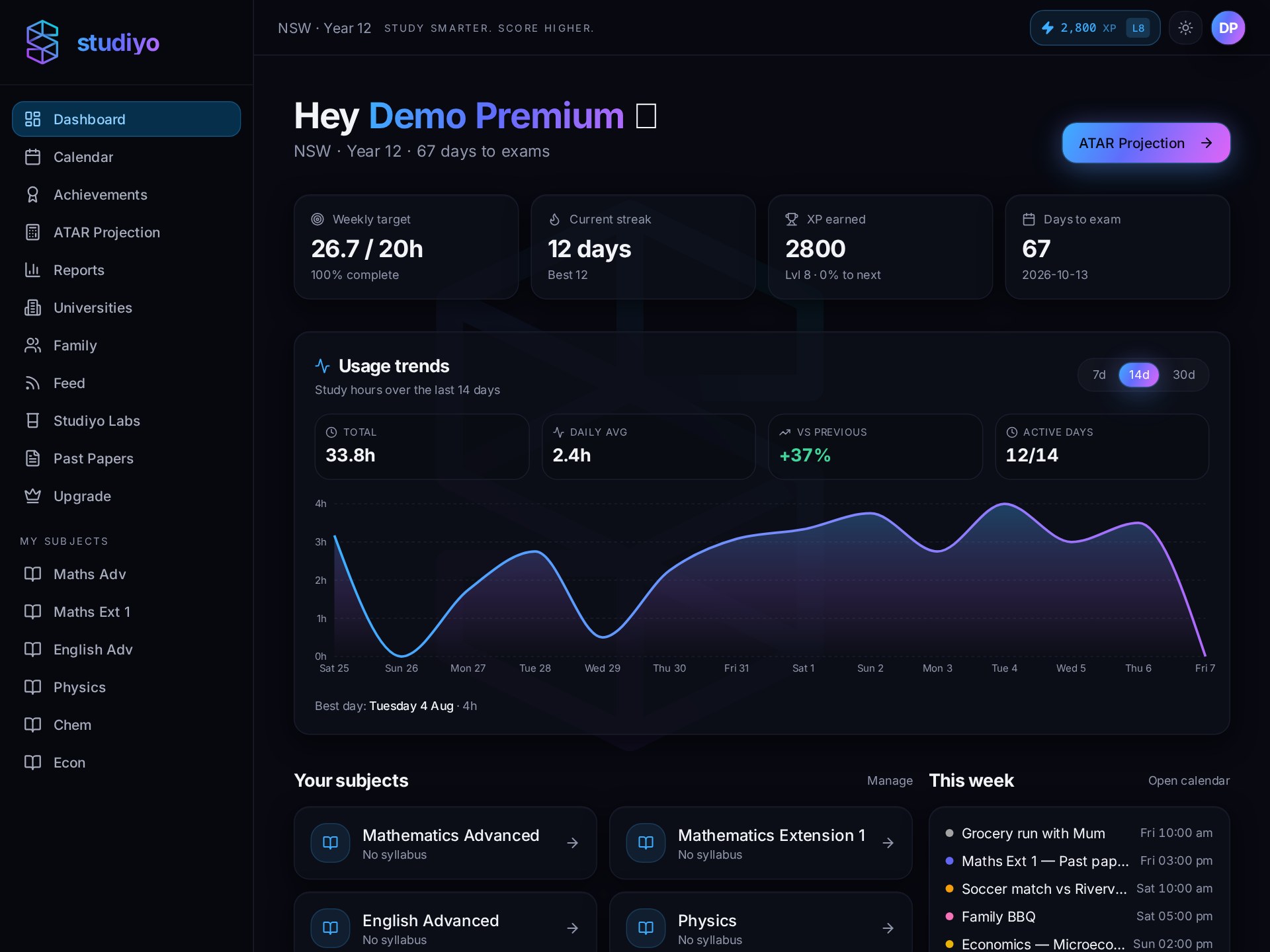 studiyo dashboard with ATAR tracker, subject progress and daily study tasks