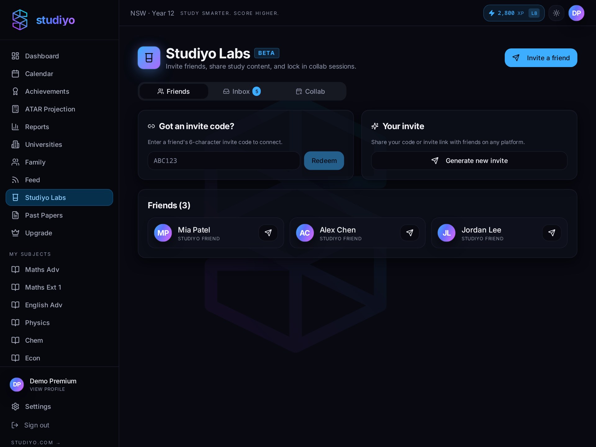 studiyo Labs screen with friends, invites and collaborative study sessions