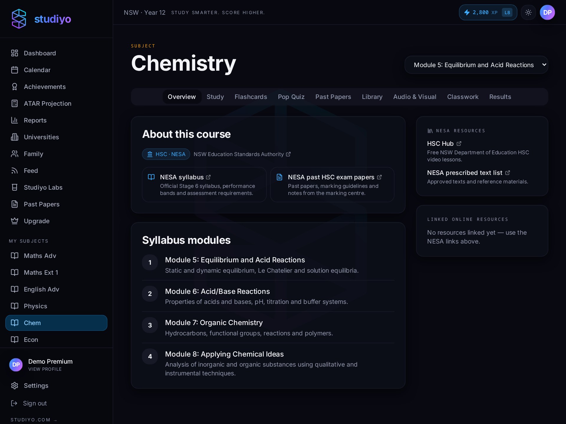 studiyo subject workspace with quizzes, flashcards and topic breakdown